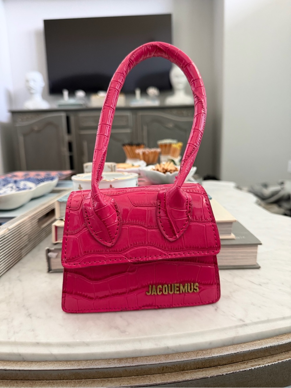 Jacquemus Hot Pink Croc-Embossed Mini Top-Handle Bag- FAKE